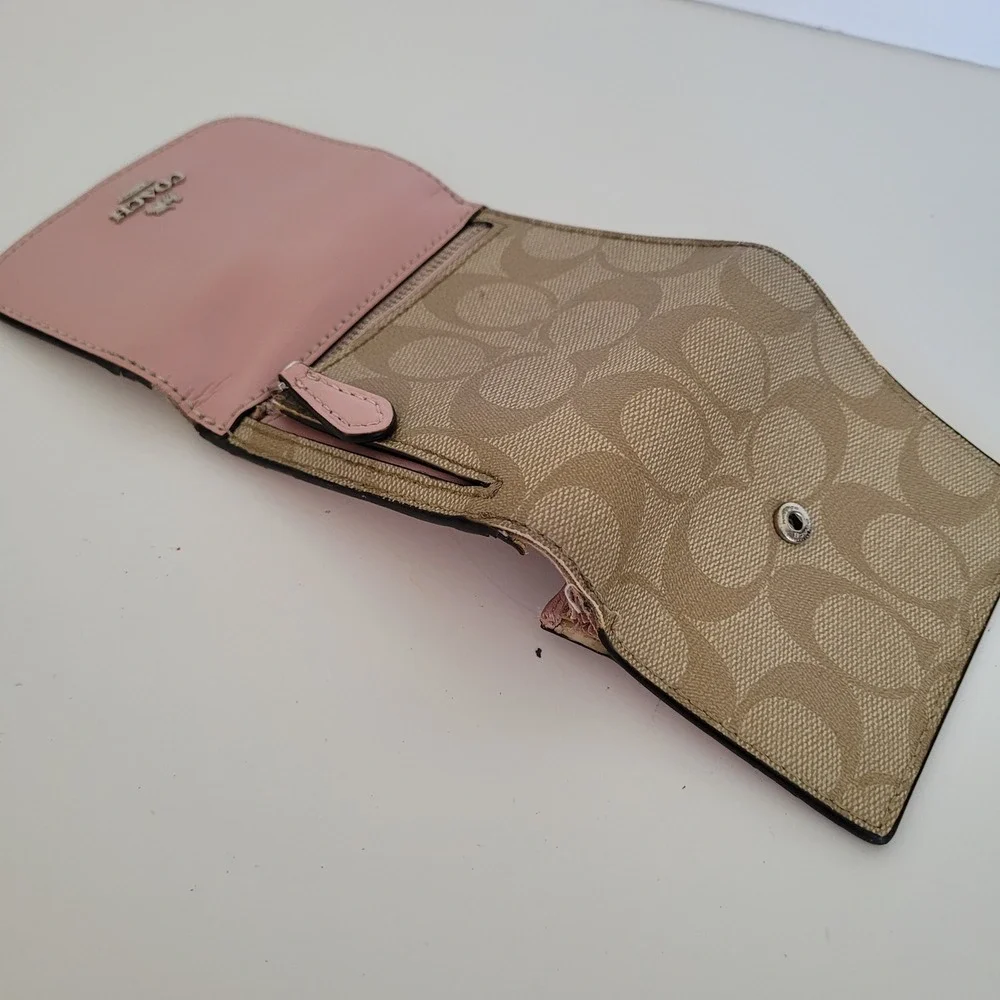 Coach Small Trifold Wallet Pink Khaki Signature Canvas Leather Trim